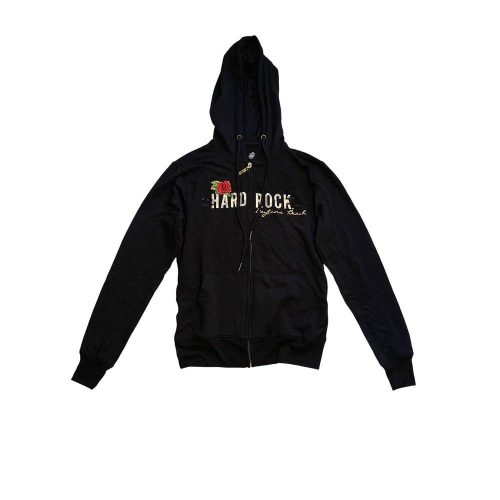 Hard Rock Hotel Daytona Beach Black Zip Up Hoodie Rose Embroidered Womens Medium